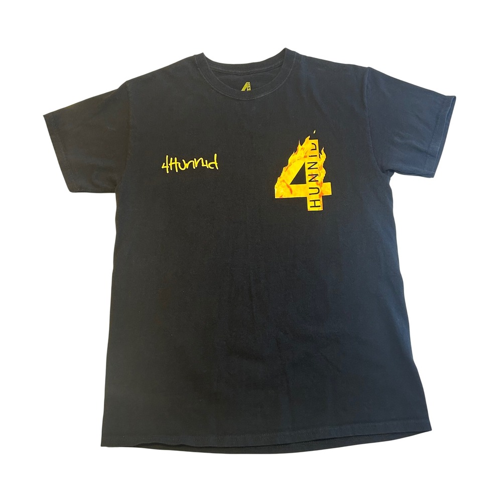 4Hunnid Mens Black Flame Logo Graphic T-Shirt Medium YG Streetwear